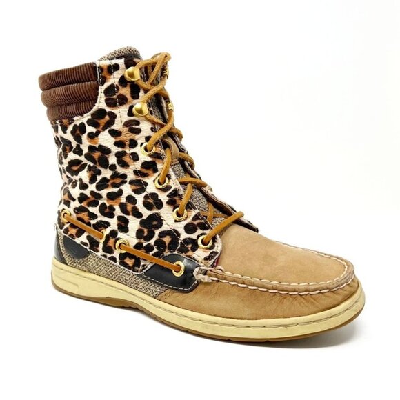 Sperry Topsider Hikerfish Leather Leopard Print Calf Hair Boots. Size 6 - Picture 1 of 13